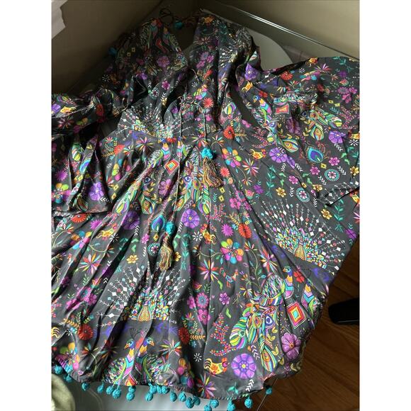 Matthew Williamson Silk Dress laceup with tassel hem bell long slv bright New 4 - Picture 15 of 16